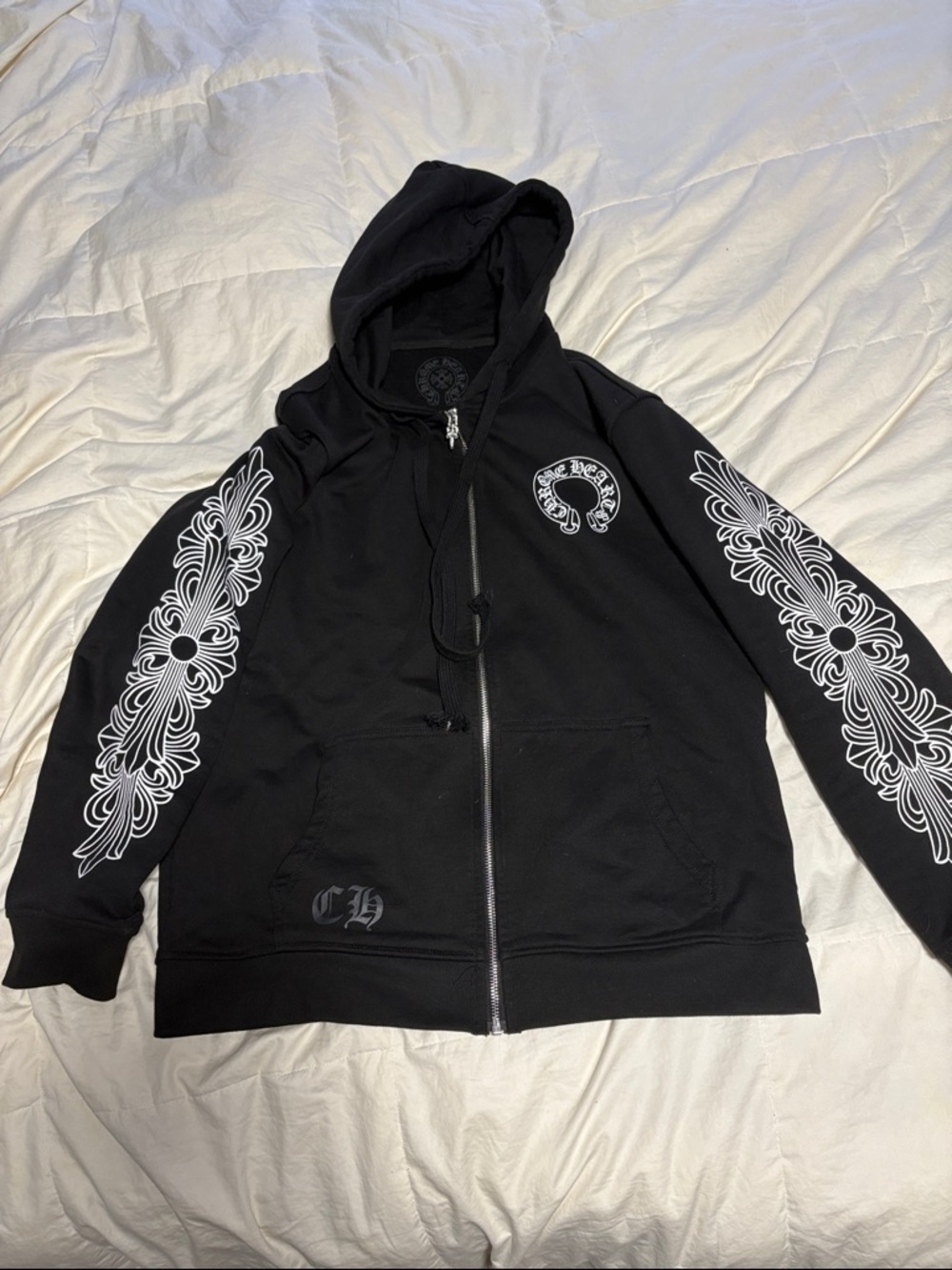 Chrome Hearts Black Hoodie with White Sleeve Prints